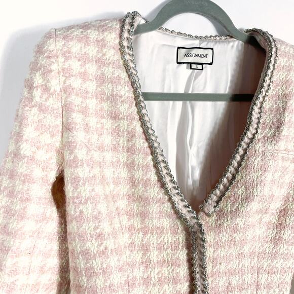 Assignment‎ Bridgette Mini Dress Pink Check Tweed Silver Trim Long Sleeve Sz S - Picture 6 of 14